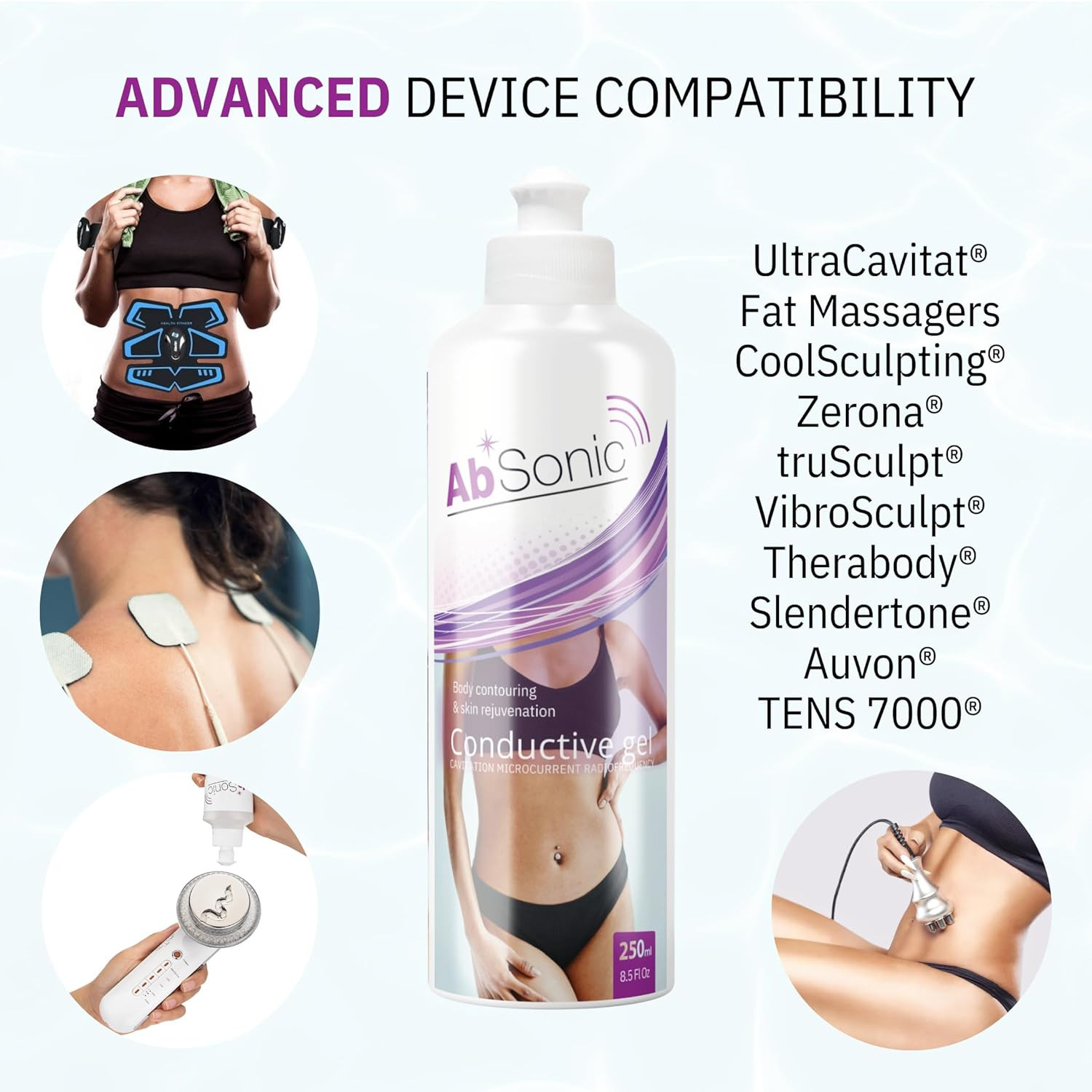 Absonic Conductive Gel for Ultrasound, Cavitation, Microcurrent, RF, TENS & EMS