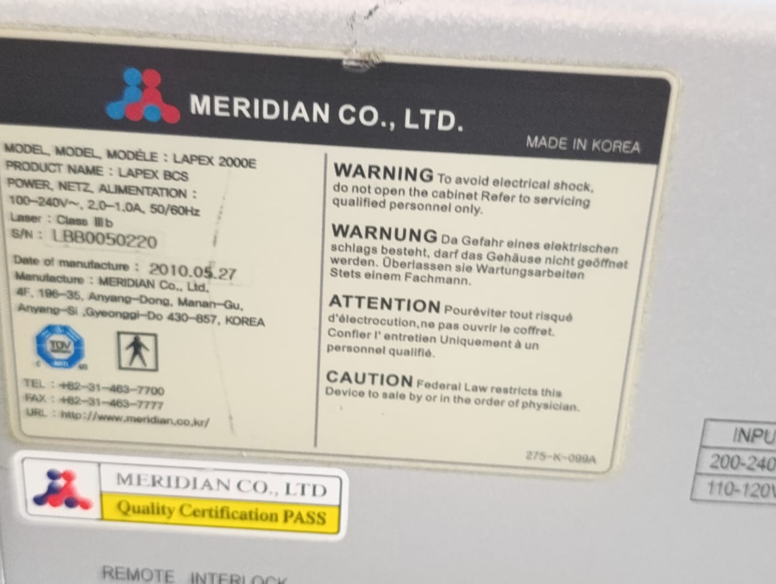 Meridian Medical Lapex BCS 2000E Power On Without Accessories Working