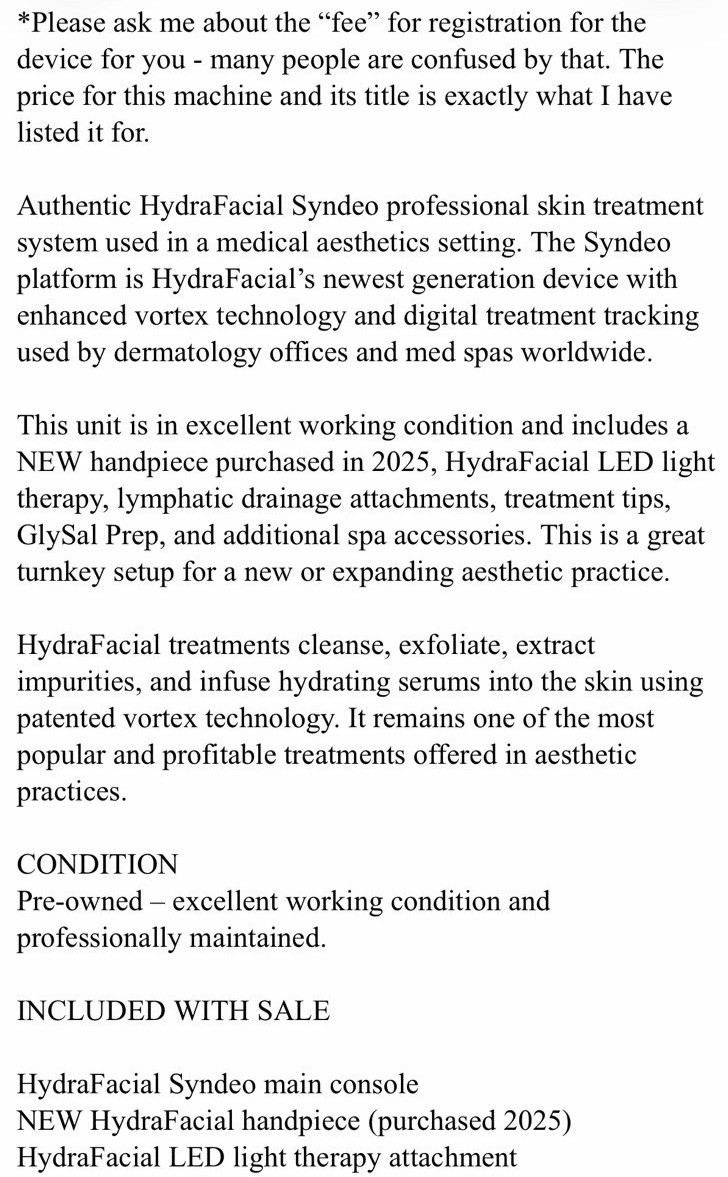 HydraFacial Syndeo Dermabrasion LED Lymphatic Drainage Skin Treatment Machine